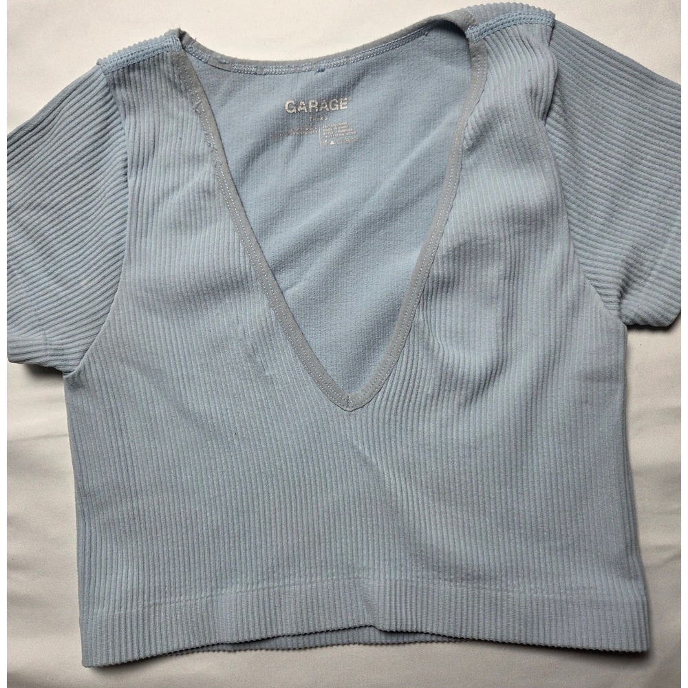 Garage Women Light Blue Ribbed V-Neck Crop Top Short Sleeve Size XS/S